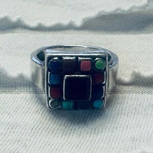 Multi Gemstone Square Inlay Mosaic Ring 925 Vintage Sterling Silver Sz 6.5 Boho